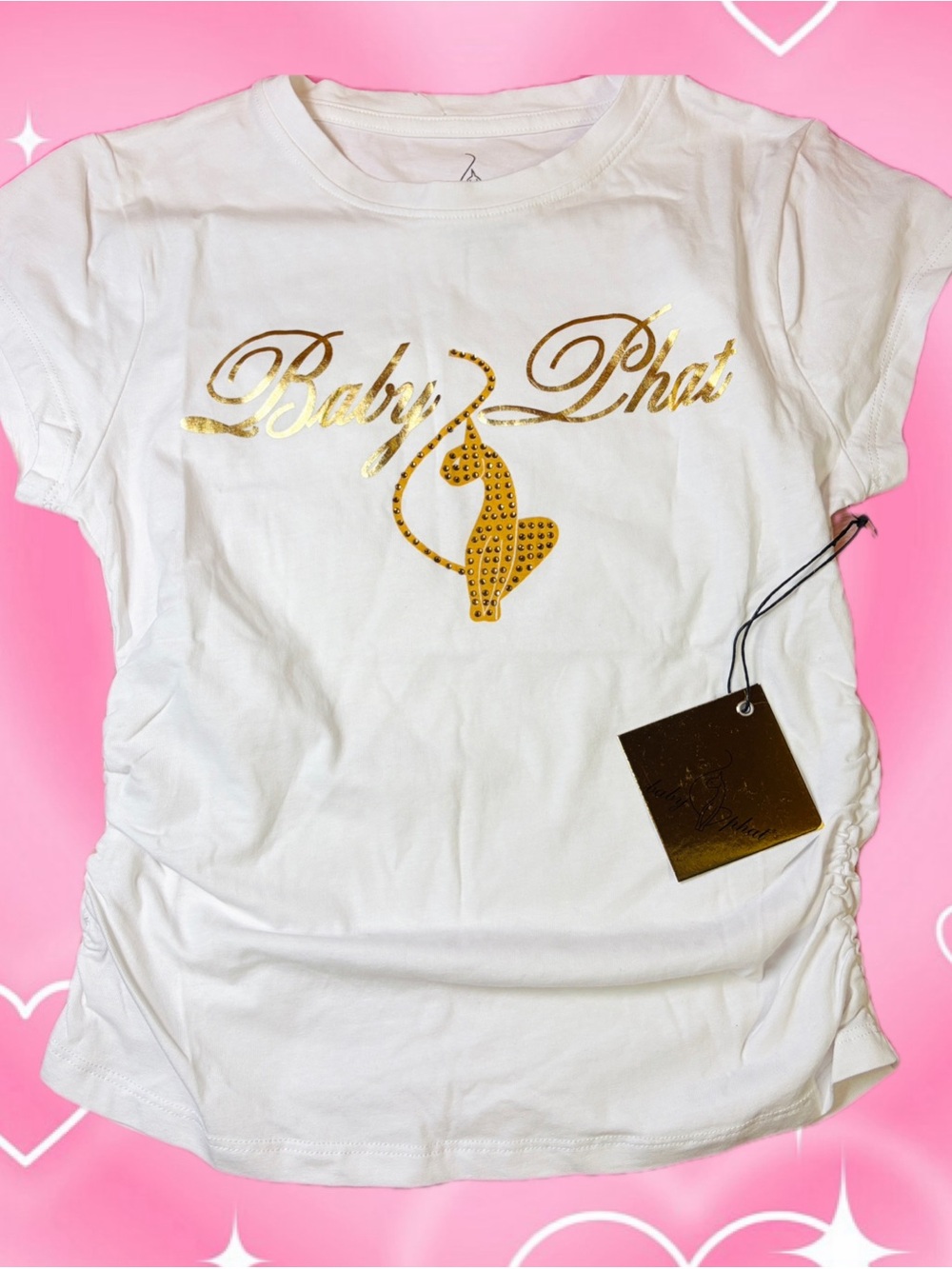 NWT Baby Phat White and Gold Tee with Rhinestone Car Size Medium